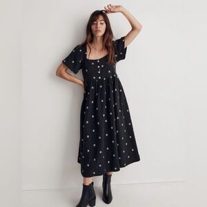 NWT Madewell Daisy Embroidered Lightspun Square-Neck Midi Dress In True Black XL